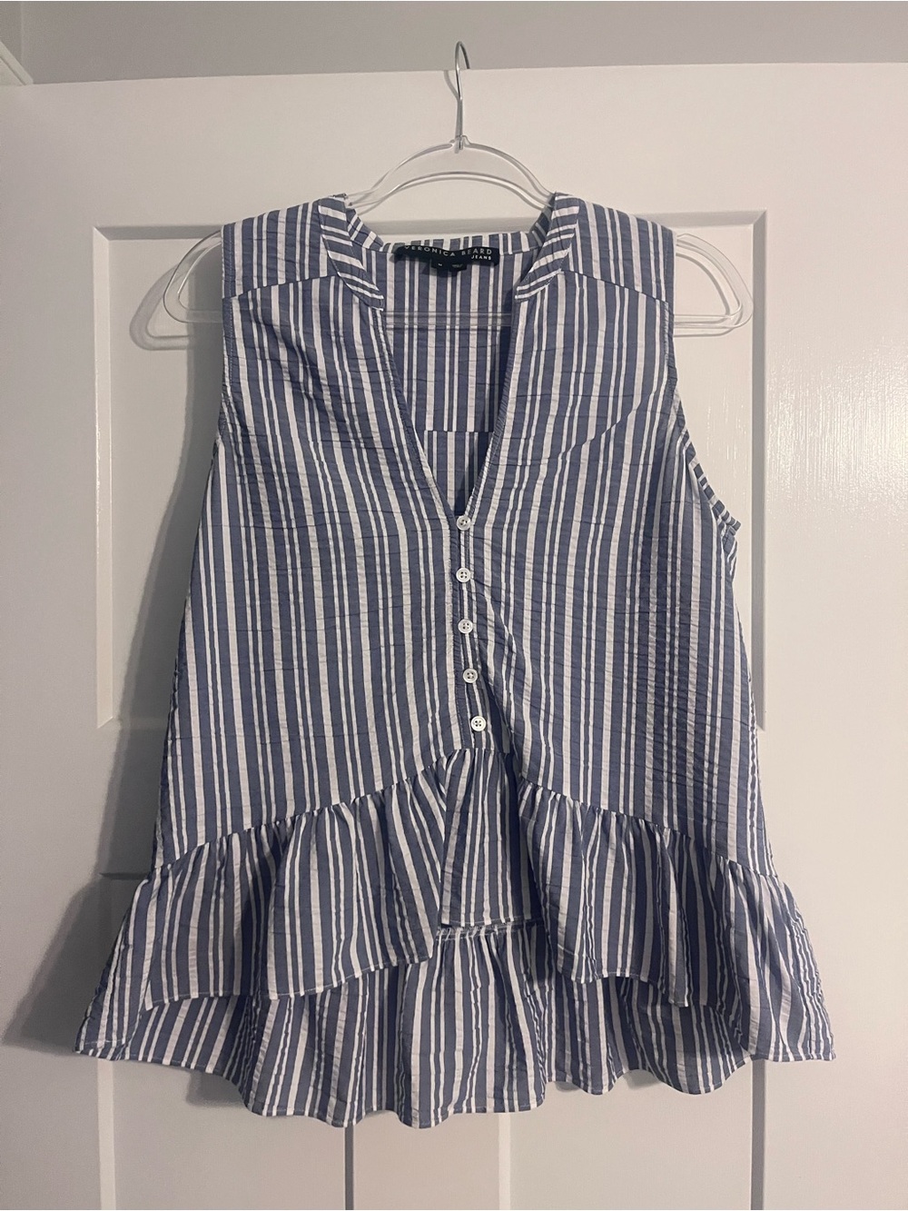 Veronica Beard Blue and White Striped Sleeveless Peplum Button Front Top